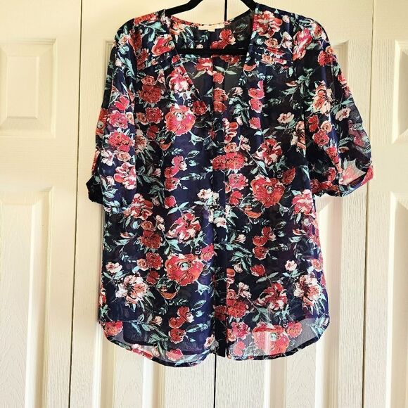 Skies Are Blue Red & Blue Floral Sheer Blouse, Women's Medium - Picture 1 of 4